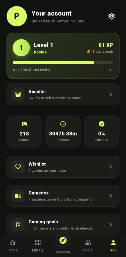 GameBin account screen with Reseller mode toggle