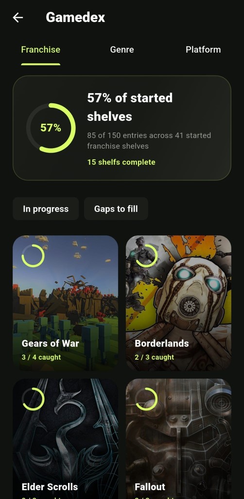 GameBin Gamedex screen showing franchise progress