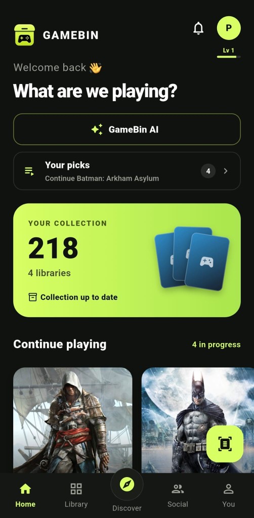 GameBin home screen showing your collection