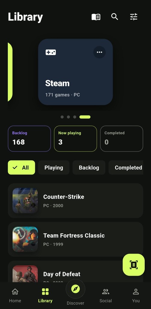 GameBin library showing game covers across platforms