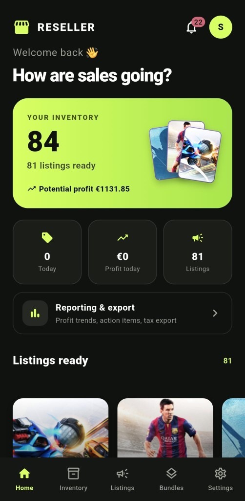 GameBin Reseller dashboard showing profit and inventory