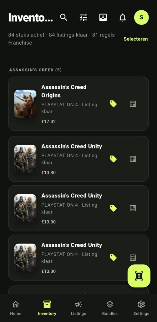 GameBin Reseller inventory screen